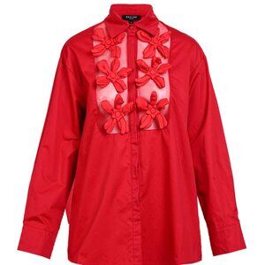 Solid & Mesh Combo Floral Applique Blouse